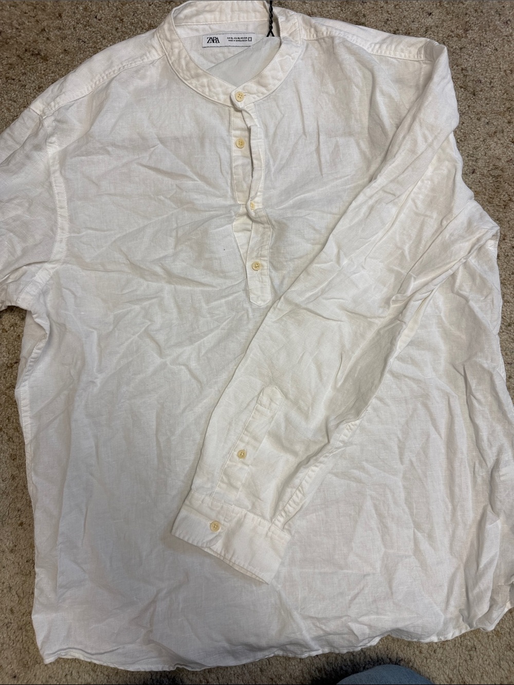 Zara Men’s Cream Linen Grandad Collar Button-Down Shirt